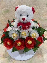 Load image into Gallery viewer, Teddy with white & Red Rocher Roses