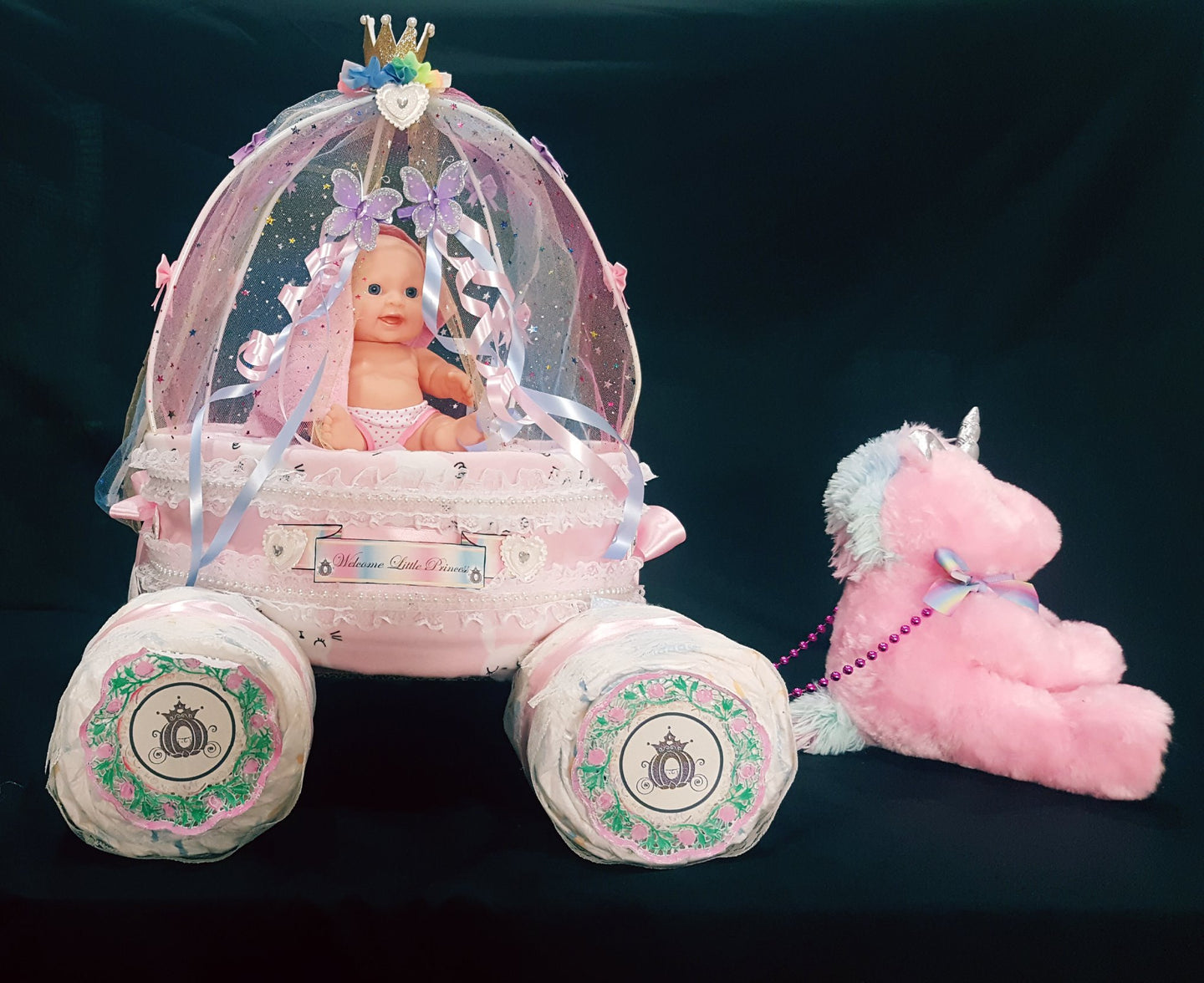 baby carriage diaper cake Cinderella's Carriage with Unicorn – HiWish Gifts